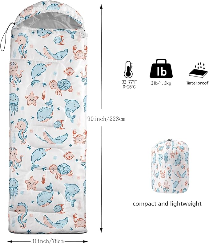 AILONEN Kawaii Puppy Sleeping Bag for Kids Boys Girls,Warm and Cool Weather,Lightweight,Waterproof Backpacking,Cartoon Cute Dog & Duck Animal Themed Blue Sleeping Bag for Camping