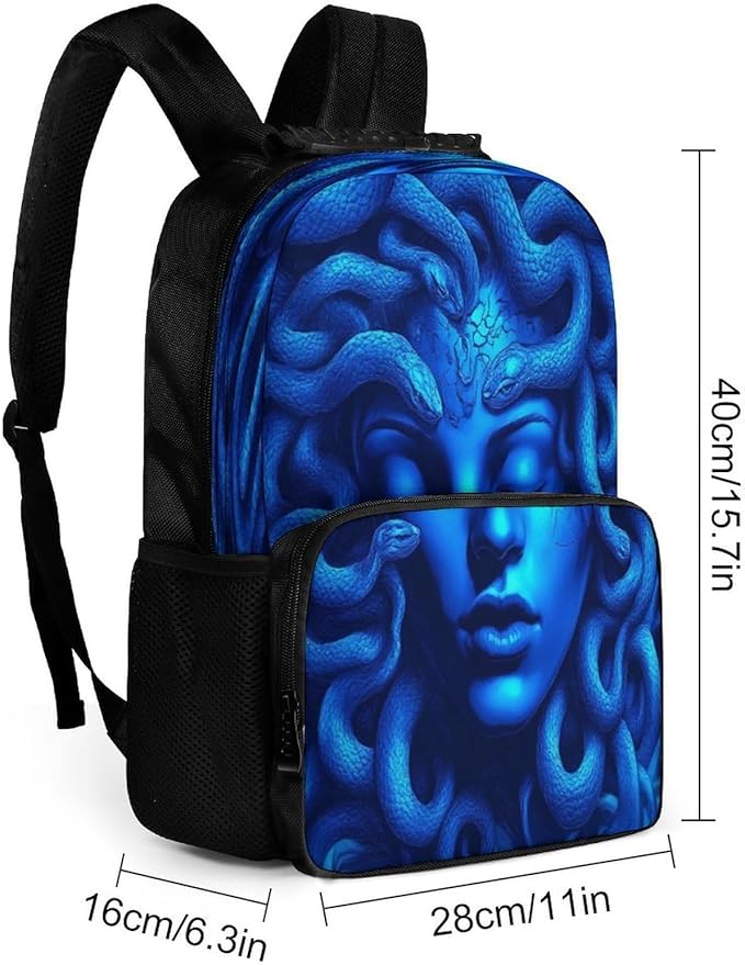 Polyester Daypack Bookbag for Gym Business Bicycle, Large Capacity Multipurpose Anti-Theft Carry On Bag, Greek Goddess Snake Queen Medusa Art Blue Travel Hiking Daypack
