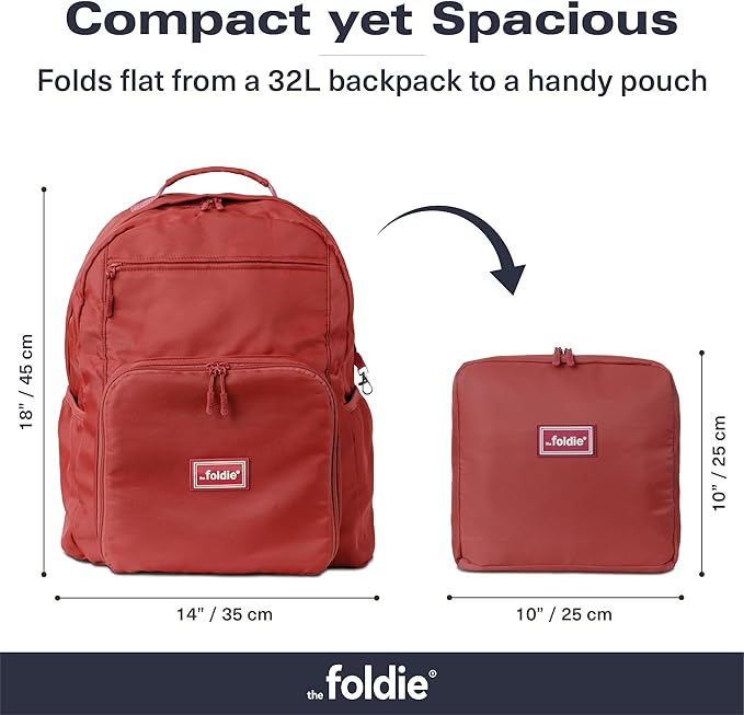 The Foldie Packable Backpack for Travel 32L - Lightweight Foldable Backpacks with Trolly Sleeve & RFID Protection - Water-repellent Casual Daypack Backpacks for Hiking, Camping & Gym - Red