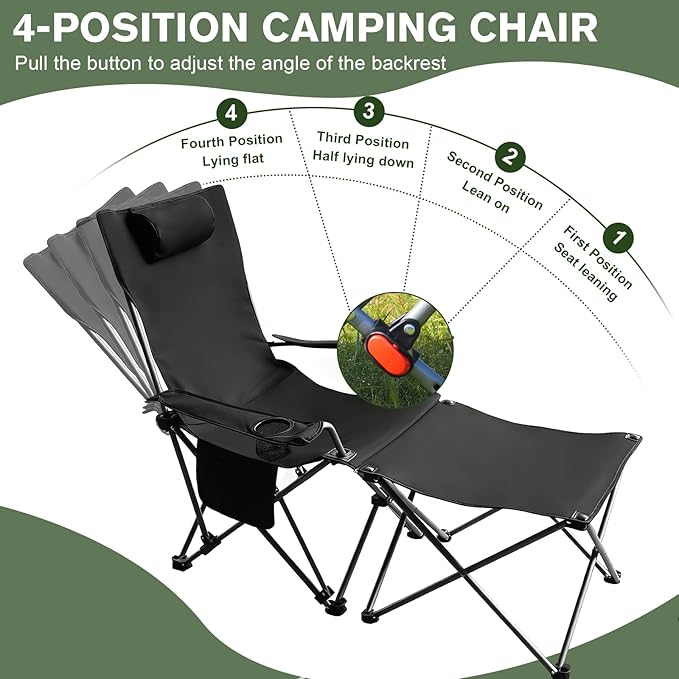 Portable Camping Chair with Footrest Folding Lounge Chair, Reclining Chair for Outside with Cup Holder, Side Pocket and Pillow, Heavy Duty Collapsible Chair for Sports,Outdoors & Lawns