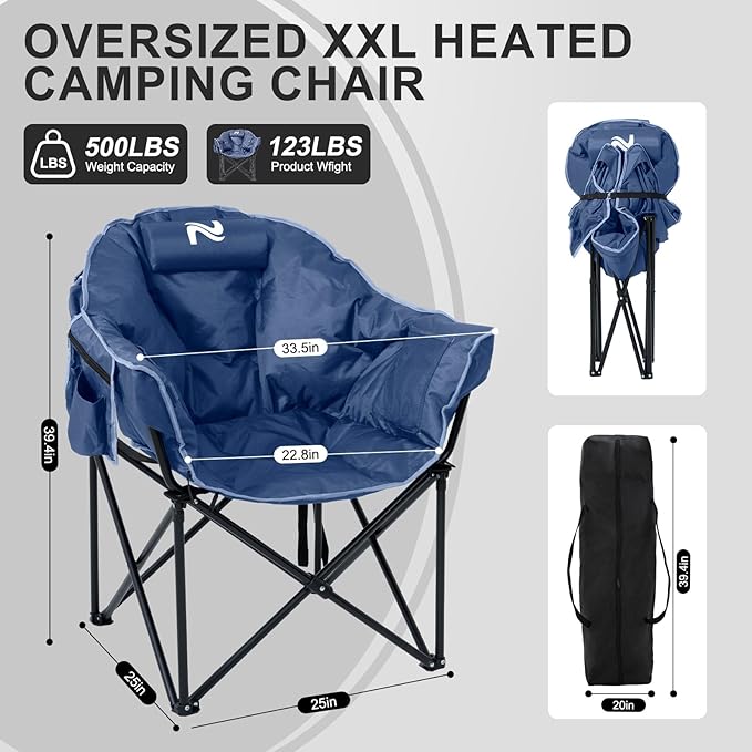 ABORON Oversized Heated Camping Chair, Three Model Portable and Foldable,Heavy Duty Support Up to 500 lbs, Ideal for Outdoor Adventures