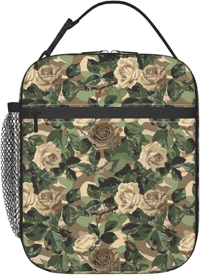 Reusable Camo Lunch Box for Kids Girls Boys Women Adult, Insulated Rose Floral Lunch Bag,Polyester Cooler Flower Handbags Case for School Picnic Work Travel Beach or Hiking (Nature-Inspired)