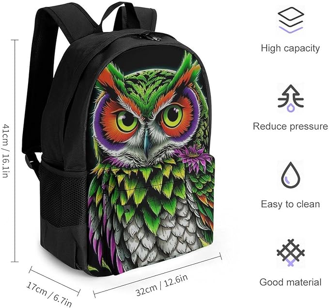 Supdreamc Women Men Polyester Owl Green Weedleaf Art Casual Daypack Large Capacity Bookbag With Side Pockets for Sports Picnic Walking Cycling