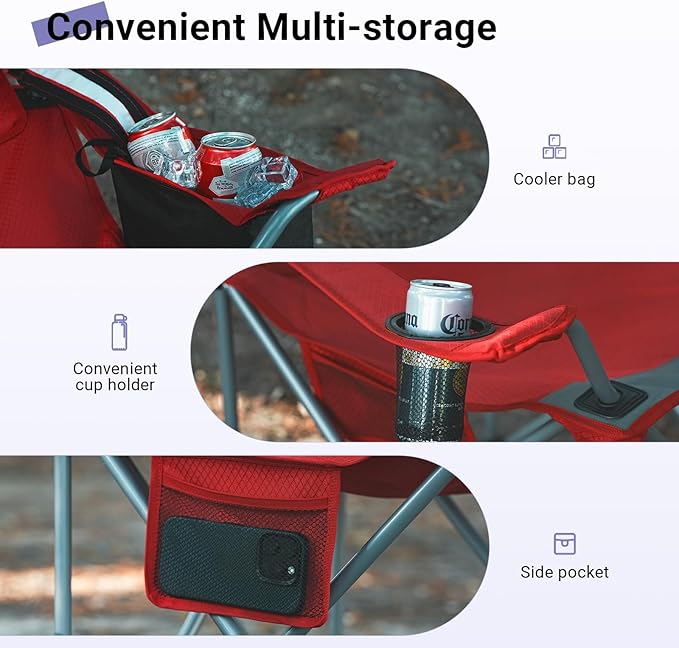 Camping Chairs Portable Folding Lightweight Outdoor Lawn Chair for Adults with Cooler Bag, Cup Holder and Side Pocket for Camping, Beach, Sports, Hiking, Fishing