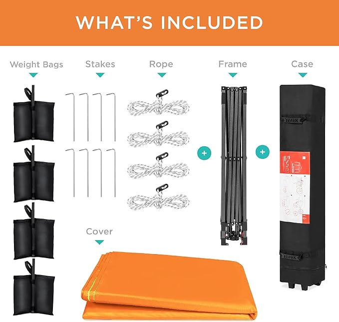 Best Choice Products 8x8ft Pop Up Canopy Tent, Outdoor Shade, 1 Person 1 Minute Set Up, Carry Case, 4 Weight Bags - Orange