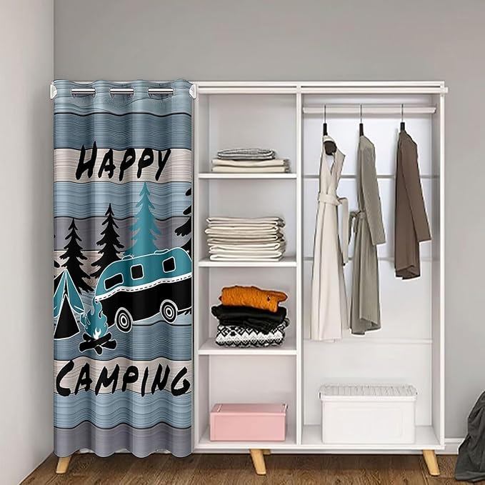 Camper RV Trailer Kids Door Curtain,Tent Bonfire Campfire Pine Nature Blackout Curtain,Wooden Plank Cabin Rustic Bedroom Doorway Living Room Decor,Country Blue Privacy Door Drape 1 Panel,52" W X 80" L