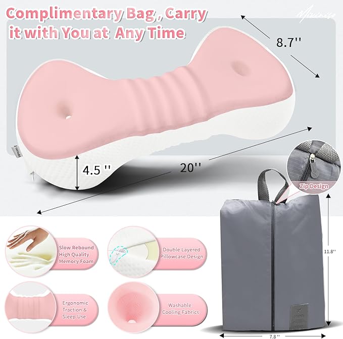 Neck Support Pillow, Cervical Neck Roll Memory Foam Pillow, Cervical Traction Device, Neck Pillow for Side Sleepers, Camping & Travel Pillow with Portable Bag