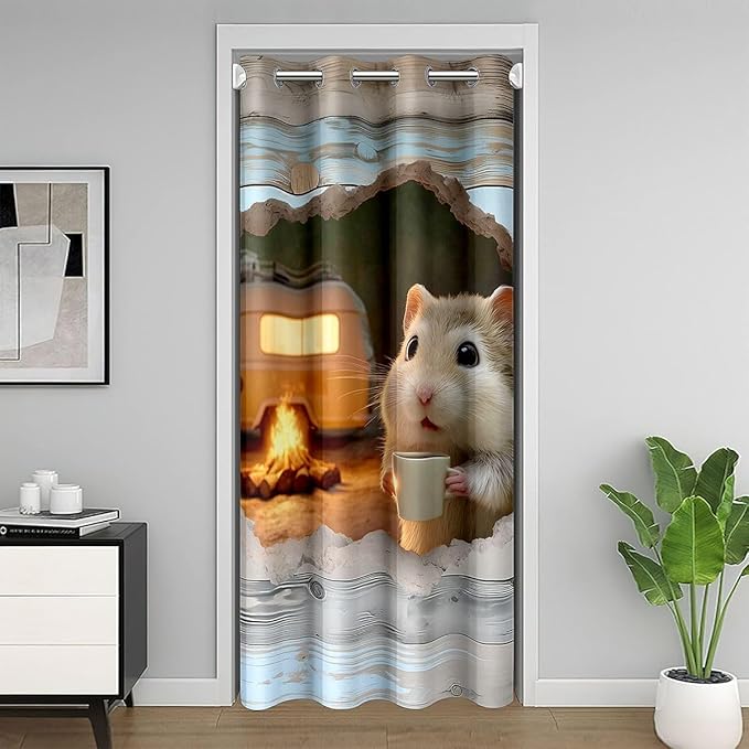 Cute Hamster Door Curtain For Doorway Privacy for Camping Lover - Vintage Camper Campfire Blackout Curtain Happy Camping Adventure Theme Door Drape Wooden Planks Farmhouse Window Treatment 34"W x 80"L