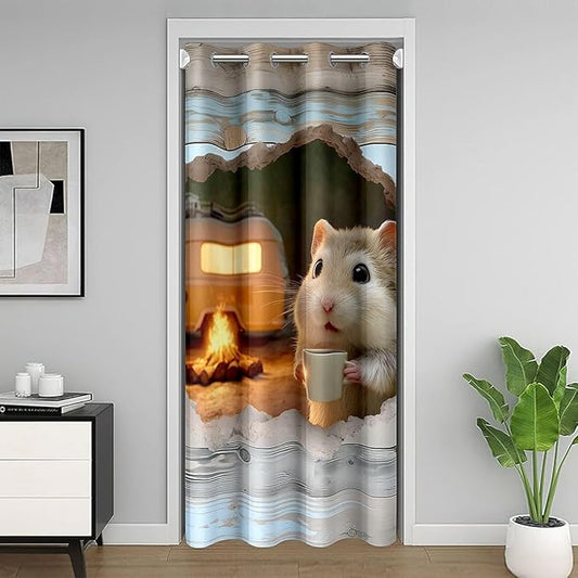 Cute Hamster Door Curtain For Doorway Privacy for Camping Lover - Vintage Camper Campfire Blackout Curtain Happy Camping Adventure Theme Door Drape Wooden Planks Farmhouse Window Treatment 59"W x 80"L