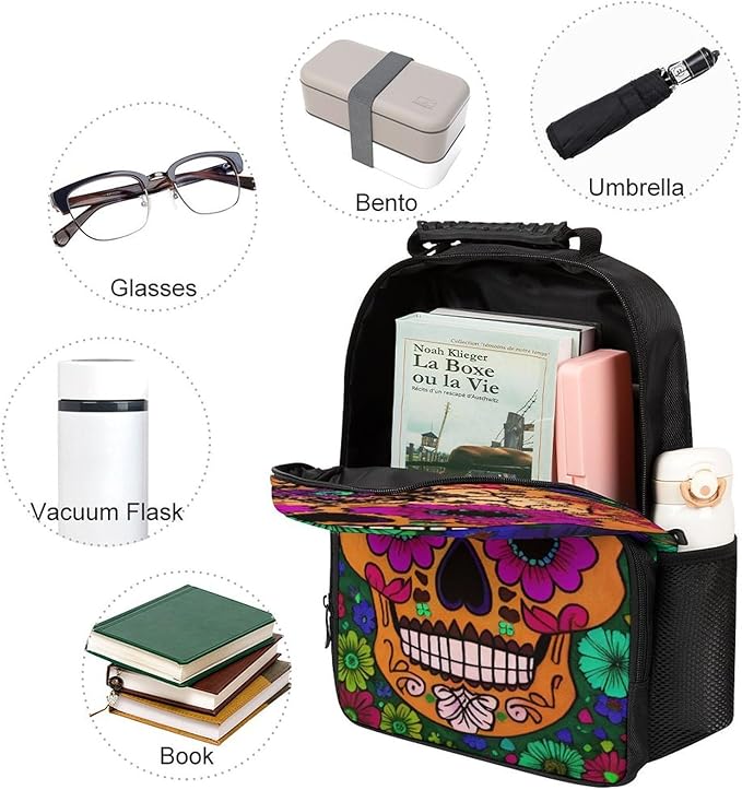 Daypack Backpack Polyester Multipurpose Anti-Theft Grunge Mexican Sugar Skulls Day Of The Dead Flowers Art Shoulder Bag Big Capacity Gym Outdoor Hiking Backpack With Smooth Zippers
