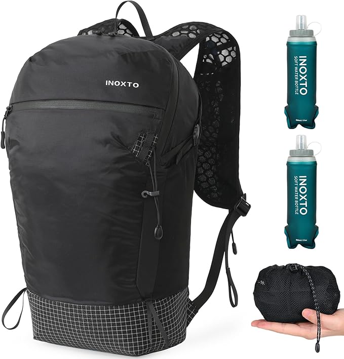 IX INOXTO Hiking Backpack 15L/22L Ultra Lightweight Packable Travel Backpack Small Waterproof Foldable Outdoor Day Pack with Two 500ML Soft flasks for Men Women (Black)