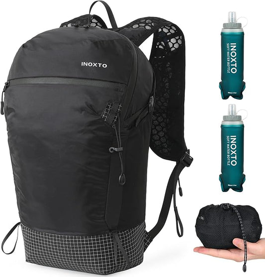 IX INOXTO Hiking Backpack 15L/22L Ultra Lightweight Packable Travel Backpack Small Waterproof Foldable Outdoor Day Pack with Two 500ML Soft flasks for Men Women (Black)