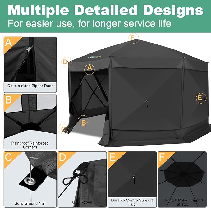 COBIZI 15x15 FT Pop Up Gazebo, Canopy Tent, Large Gazebos On Clearance with Sidewalls, Screened in Gazebo,carpas para Patio,Portable Screen Tents for 12-15 Persons Outdoor Camping, Backyard, Black