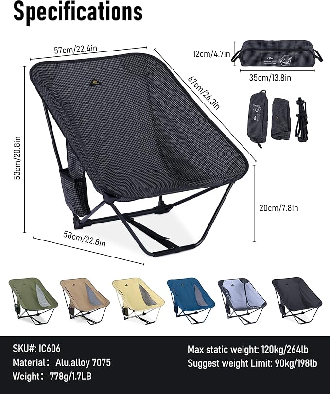 iClimb Low Ultralight Compact Camping Folding Chair with Side Pocket and Carry Bag (Black Grid)