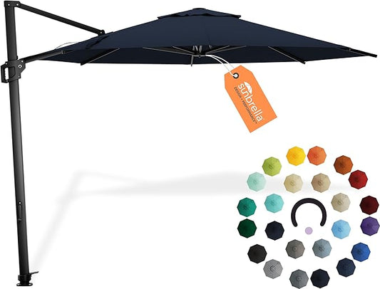 Midtown Umbrellas 10 Ft Outdoor Cantilever Patio Umbrella w/Sunbrella Canvas Navy Fabric - 360° Rotate Offset Patio Umbrella, Deck Patio Umbrella, Backyard Umbrella & Garden Umbrella - Black Frame