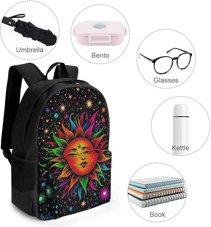Supdreamc Rucksack Anti-Theft Multipurpose Large Capacity Carry On Bag, Glowing Sun And Moon Stars Art Travel Hiking Bag Day Pack With Side Pockets