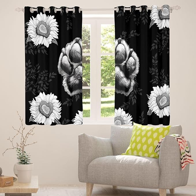 Manfei Bear Paw Print Blackout Curtains Sunflower Leaves Print Window Drapes,Wild Animal Footprints Window Treatments,Kids Boys Girls Room Decor,Grommet Top 2 Panel Set Bedroom Curtains, 42Wx84L inch