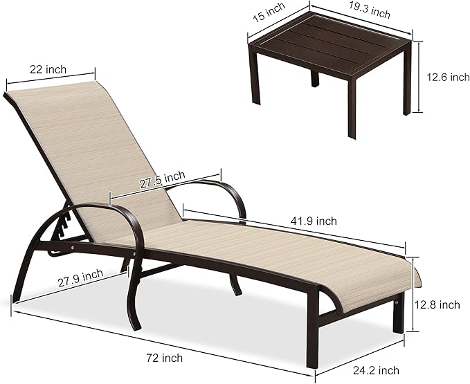 PURPLE LEAF Outdoor Chaise Lounge Chair Set of 3 Patio Pool Lounger Aluminum Chairs with Side Table Adjustable Tanning Recliner for Outside Yard Deck Lawn Garden Beach Light Khaki