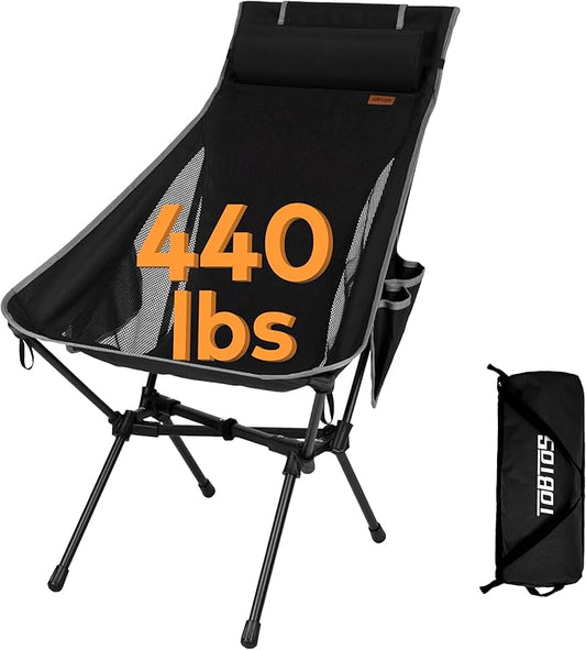 TOBTOS Portable High Back Camping Chair, Support Heavy Duty 440 lbs, Compact Folding Chair with Detachable Pillow for Camp, Hiking, Backpacking (Black)