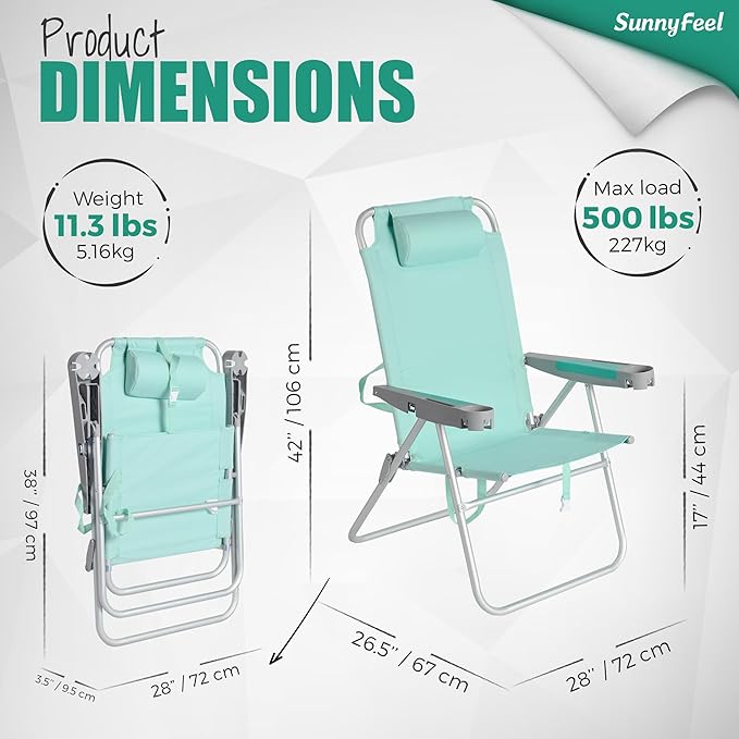 SUNNYFEEL 17" Tall Oversized Beach Chairs 2 Pack for Adults Heavy Duty 500 LBS, 5 Position, Portable High Folding Camping Chair with Cup Holder for Outdoor/Lawn/Trip, Foldable Sand Chairs for Adults