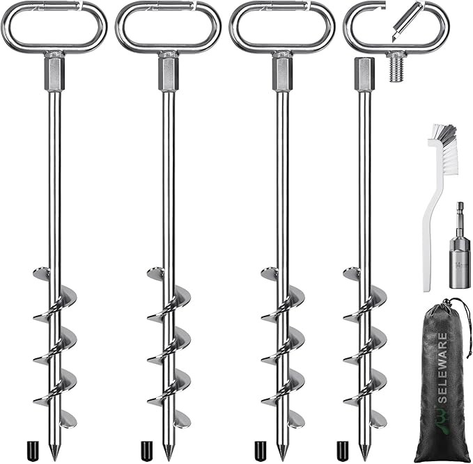 SELEWARE 17" Ground Anchors Screw in, 4 Pack Swing Set Ground Anchor Kit, High Wind Trampoline Stakes, Heavy Duty Wider Spiral Earth Anchor for Mobile Home, Tree, Tent, Shed, Carport, Securing Animals