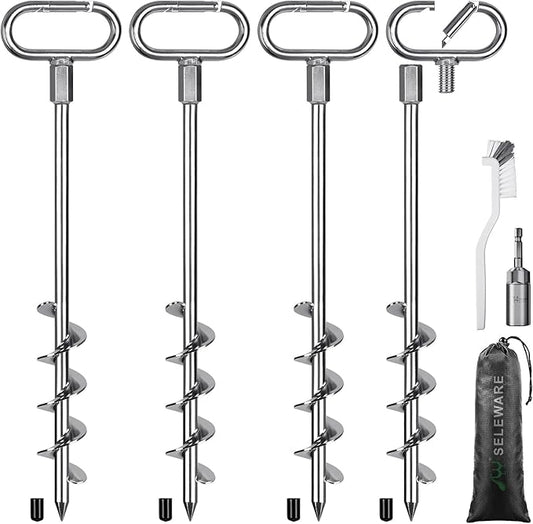 SELEWARE 17" Ground Anchors Screw in, 4 Pack Swing Set Ground Anchor Kit, High Wind Trampoline Stakes, Heavy Duty Wider Spiral Earth Anchor for Mobile Home, Tree, Tent, Shed, Carport, Securing Animals