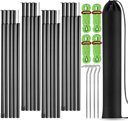 Tent Poles Adjustable Tarp Poles Steel Rods for Tarp Canopy Camping Replacement Set of 2 +Pegs & Reflective Ropes
