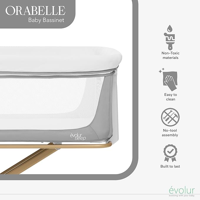 Evolur Orabelle Baby Bassinet & Bedside Sleeper, Breathable Mesh Sides, Plush Mattress Pad with Removable Cover, Tool-Free Assembly, Quick Foldable Steel Frame Compact Design with Travel Bag – Grey