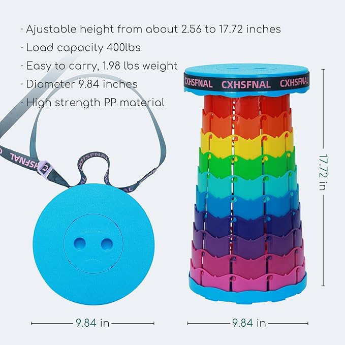 Upgraded Portable Foldable Stool,Folding Camp Stool,Lightweight Sturdy 400lbs Load Capacity Collapsible seat Height Adjustable for Fishing Hiking Picnic Hunting Party BBQ Indoor (Rainbow)