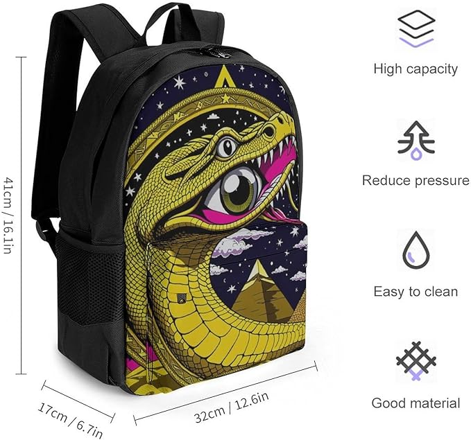 Men Women Polyester Egypt'S Mysterious Pyramids Golden Snake Art Daypack Backpack Large Capacity Carry On Bag With Smooth Zippers for Hiking Picnic Walking Cycling