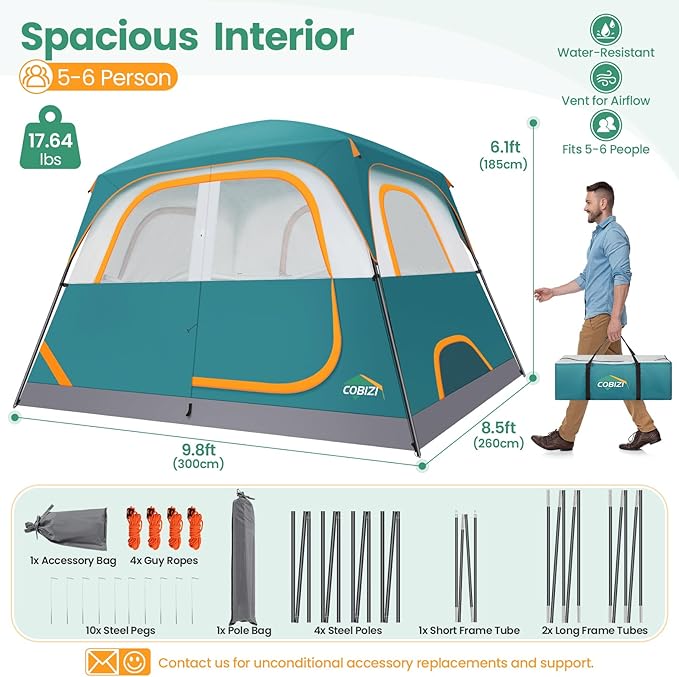 COBIZI 4-6-8-10 Person Camping Tent, Spacious Family Tents for Camping Ideal, Hiking, 3500mm Waterproof Double-Layer Windproof Tent for Hiking & Backpacking