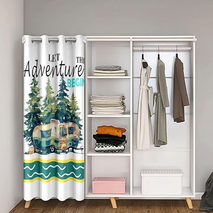 Happy Camping RV Kids Door Curtain,Camper Trailer Nature Adventure Blackout Curtain,Pine Tree Rustic Farmhouse Bedroom Doorway Living Room Decor,Country Green Privacy Door Drape 1 Panel,42" W X 80" L