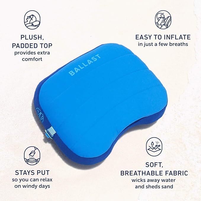 Ballast Beach Pillow – Comfy, Durable & Compact, Stays Put on Windy Beaches with Patented Sand Pouch, Inflatable Pillow for Beaches, Pools, Camping, Festivals and Travel (Retro Palm)