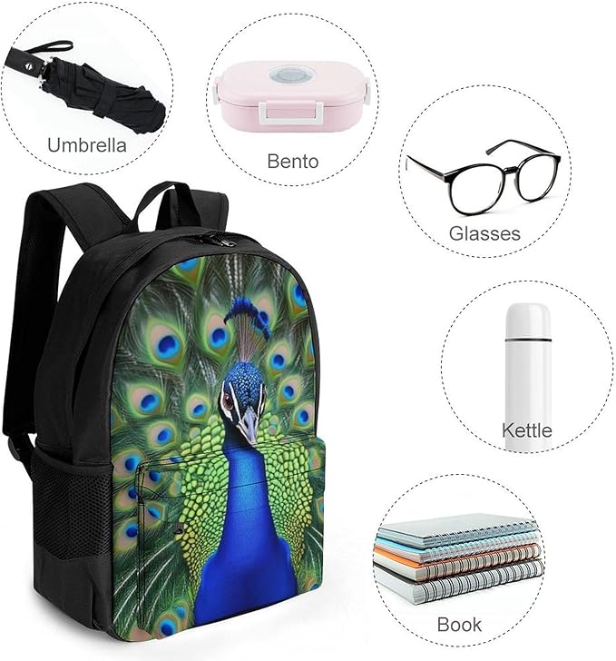Supdreamc Men Women Lightweight Peacock Feather Daypack Bookbag Big Capacity Carry On Bag With Side Pockets for Camping Travel Bicycle