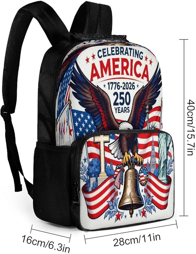 Men Women Lightweight 250th Anniversary Freedom Eagle Art Daypack Bookbag Big Capacity Carry On Bag With Side Pockets for Camping Travel Bicycle
