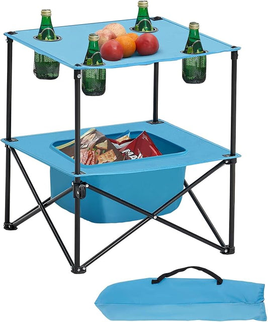 VEVOR Folding Camping Table, Portable Outdoor Lightweight Picnic Table, 600D Oxford Fabric Waterproof Canvas Travel Beach Tables, with 4 Cup Holders, Carry Bag, for Tailgating Camping Picnic, Blue