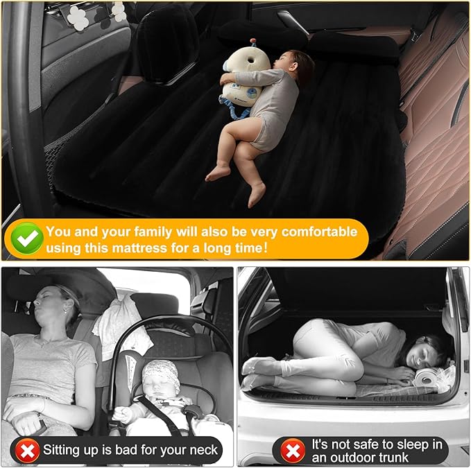 Car Air Mattress Portable Car Bed Back Seat Camping Bed Inflatable Dog Bed for Car Universal SUV Camping Mattress with Car Air Pump 2 Pillows (Black)