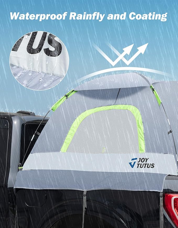JOYTUTUS Truck Tent with Rainfly 8.0Ft, Straight Spacious Truck Bed Tent with Sky View Mesh, Waterproof PU2000mm Double Layer for 2 Person, Gray Green