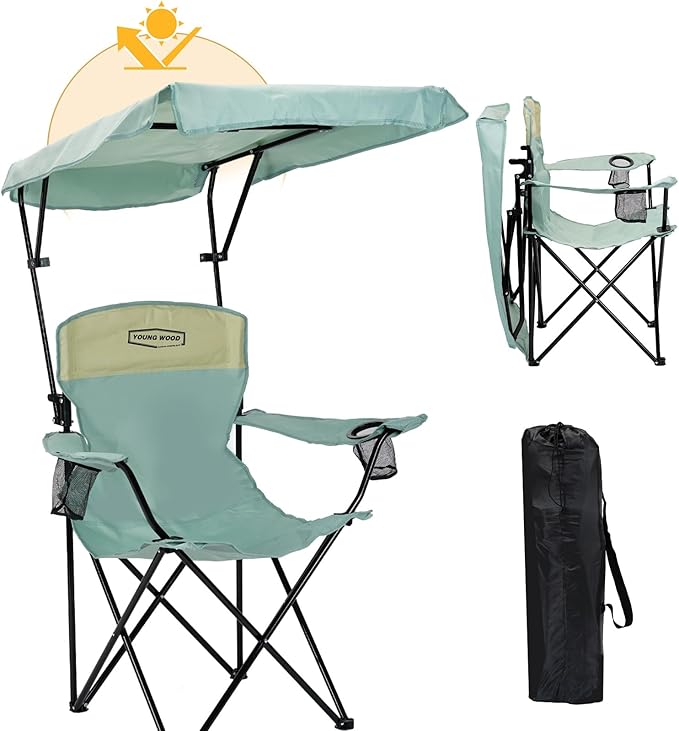 YOUNG WOOD Portable Camping Chair Beach Chair with Shade Canopy, Fold Lightweight Oversized for All, Easy to Open and Close Without Installation, Side Pocket Design for All Outdoor Activities,Blue,2p
