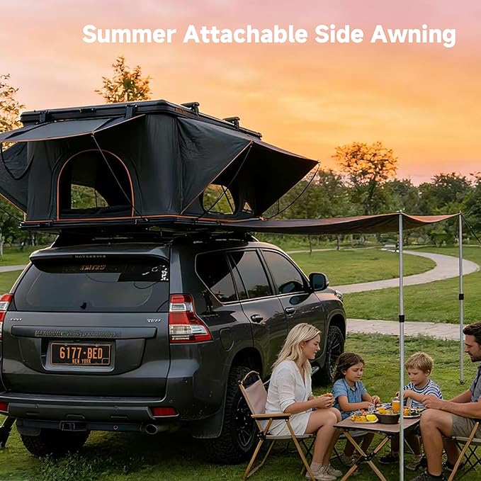 Pioneer Pro Rooftop Tent Hard Shell with USB Outlet, Summer Side Awning, Winter Thermal Liner&Luggage Racks for 4 Season Camping, Aluminum Pop Up 2-3 Person Roof Tent for Truck Jeep SUV Van Trailer