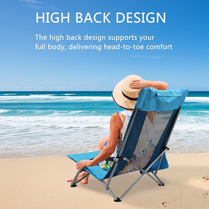 High Back Beach Chairs,2Pack Protable Folding Chair for Adults,Foding Camping Chairs with Carry Bag Cup Holder for Beach,Fishing Outside（Bue）