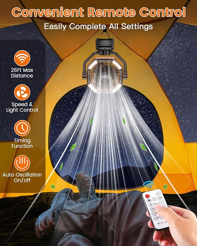coldSky Camping Fan with Dual Motor, 20000mAh Clip On with Digital Display, 9-Inch Portable Battery Operated with LED Lantern, Tent Fan for Camping with Remote, 5 Speeds, 4 Timing, Outdoor