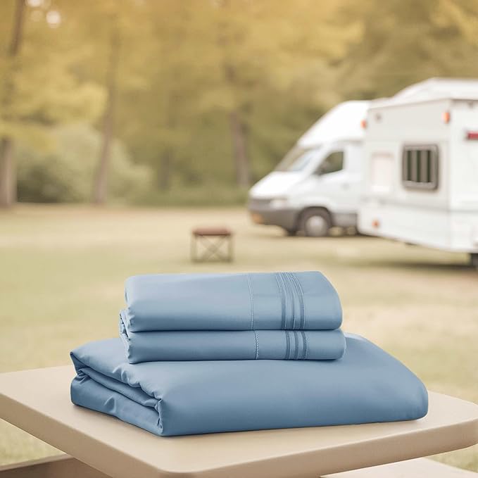Hearth & Harbor Short Queen Sheets for RV, Stone Blue RV Queen Sheets, Silky Soft 1800 Microfiber Bed Sheet for Camper, 4 Piece RV Bedding with Pillowcases