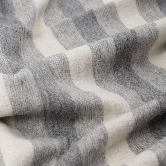 Thick Alpaca Wool Blanket Heavyweight Camping Outdoors Indoors Soft Peru Twin Size Stripes Design (Soft Gray/Ivory 2, Twin Size)