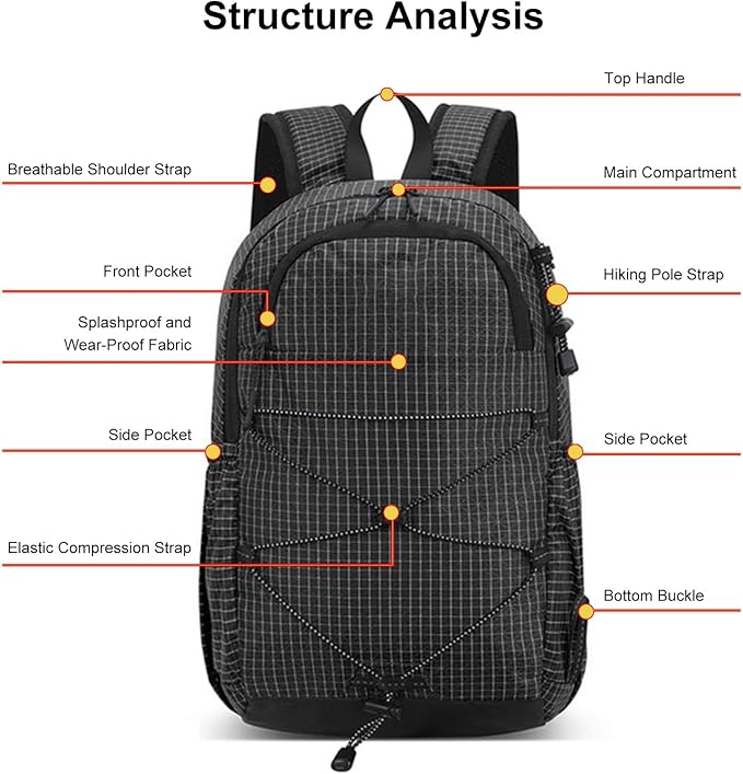 Travel Backpack, Lightweight Hiking Daypack with Anti Theft Zippers and Safety Whistle for Outdoor Commute Weekend Getaway (20L and Below)