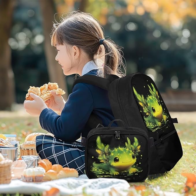 HUGS IDEA Glowing Axolotl Backpack and Lunch Box Set Girls Elementary School Bookbag Cute Backpack for Girls 6-8 Lightweight School Bag for Kids Daypack Children Bookbag
