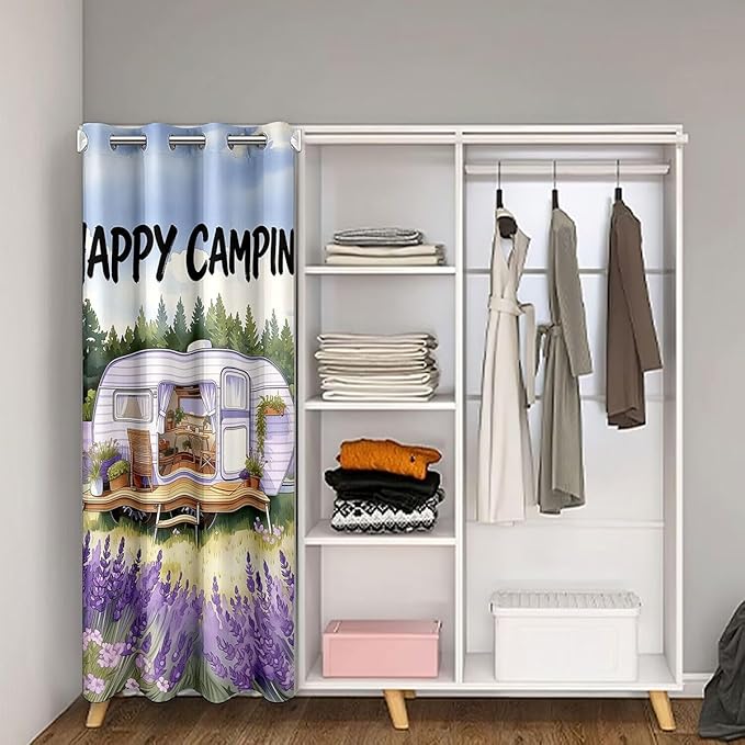 Happy Camping Doorway Curtains Privacy Adults - Rustic Farmhouse Camper Trailer Blackout Curtain Purple Lavender Floral Closet Door Curtain Rustic Cozy Outdoor Camping Room Divider Drape 52"W x 84"L
