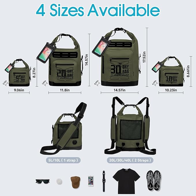 Dry Bag Waterproof,5L/10L/20L/30L Roll Top Dry Bag Backpack with WaterProof Phone Case for Swim,Kayak(GreenBlack 20L)