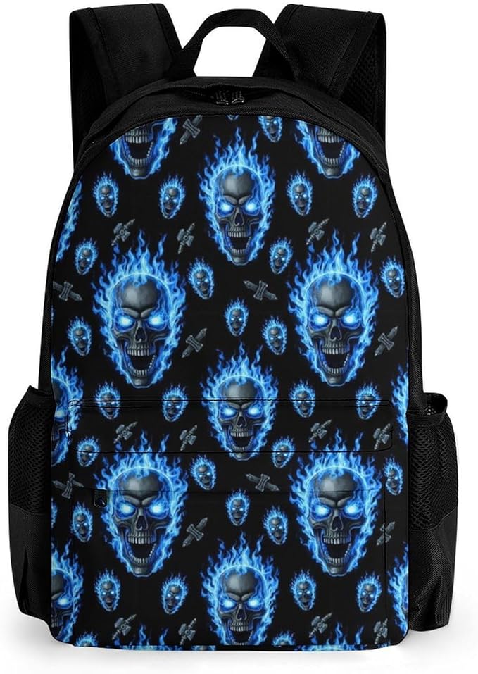 Rucksacks Lightweight Multipurpose Anti-Theft Blue Fire Flame Skull Shoulder Bag Big Capacity Laptop Book Bag Rucksack With Padded Straps