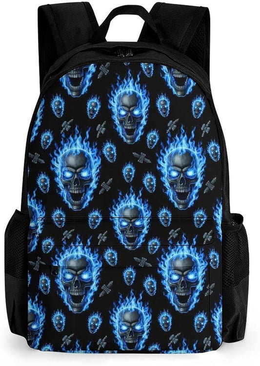 Rucksacks Lightweight Multipurpose Anti-Theft Blue Fire Flame Skull Shoulder Bag Big Capacity Laptop Book Bag Rucksack With Padded Straps